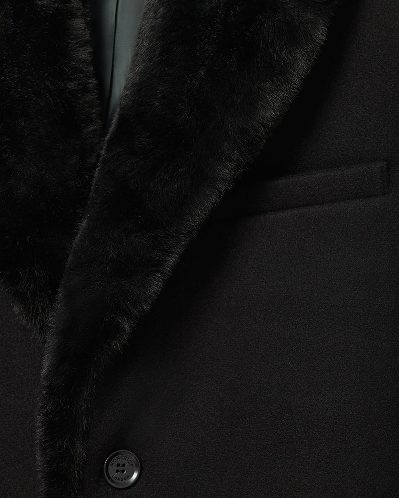 Moncrief Fur Collar Covert Coat Black | Malford of London Savile Row and Luxury Formal Wear Sale Outlet