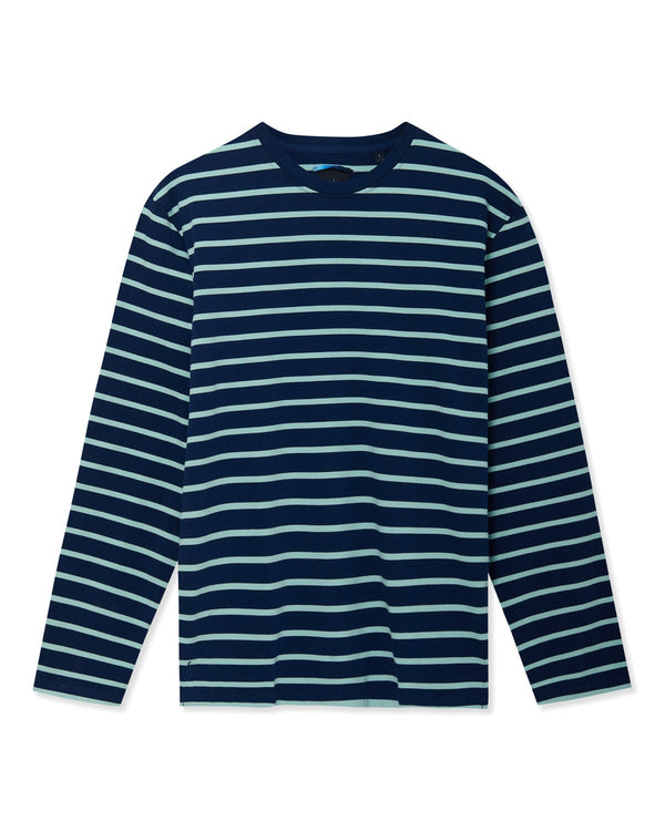 Richard James L/S YD Striped Tee - Navy/Aqua | Malford of London Savile Row and Luxury Formal Wear Sale Outlet