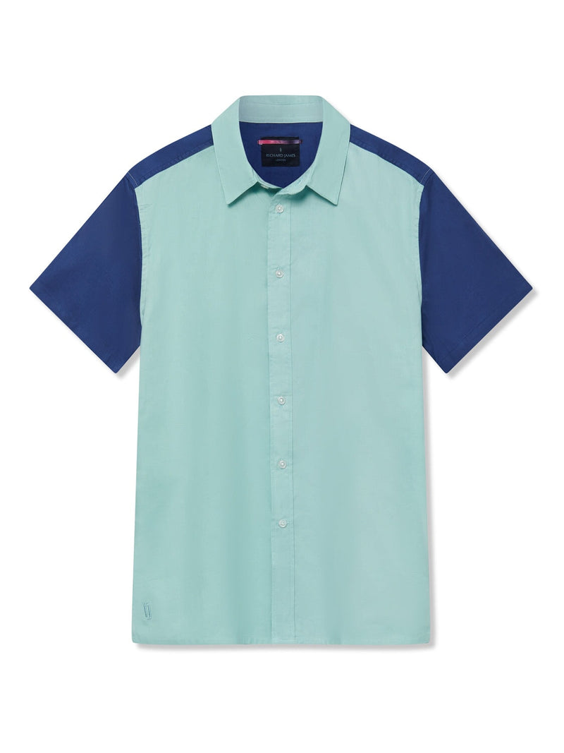 Richard James S/S Colour Block Shirt - Aqua/Blue | Malford of London Savile Row and Luxury Formal Wear Sale Outlet